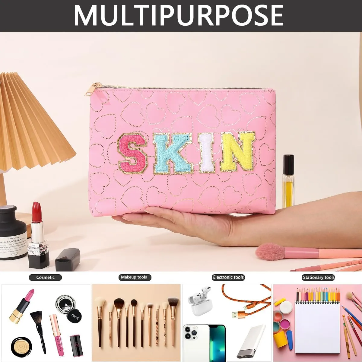 Preppy Patch SKIN STUFF FACE Letter Cosmetic Toiletry Bag PU Leather Portable Makeup Bag Zipper Pouch Storage Purse Waterproof Organizer Gift for Women Teen Girls Daily Travel Essentials (Pink)