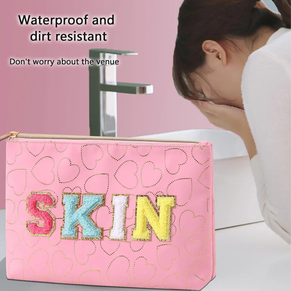 Preppy Patch SKIN STUFF FACE Letter Cosmetic Toiletry Bag PU Leather Portable Makeup Bag Zipper Pouch Storage Purse Waterproof Organizer Gift for Women Teen Girls Daily Travel Essentials (Pink)