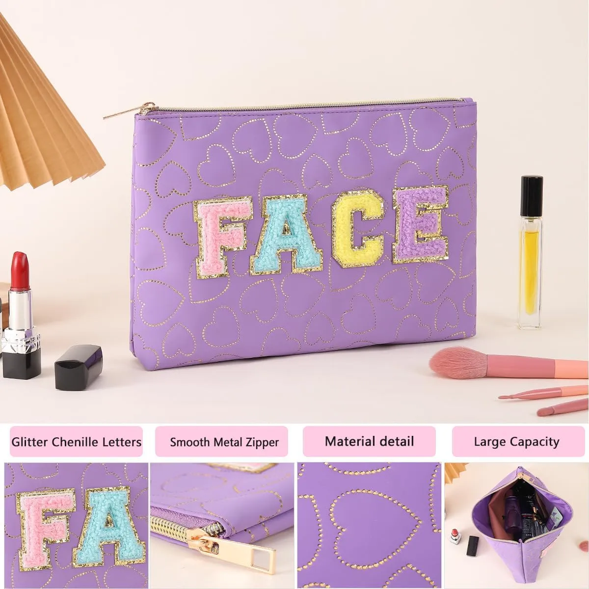 Preppy Patch SKIN STUFF FACE Letter Cosmetic Toiletry Bag PU Leather Portable Makeup Bag Zipper Pouch Storage Purse Waterproof Organizer Gift for Women Teen Girls Daily Travel Essentials (Purple)