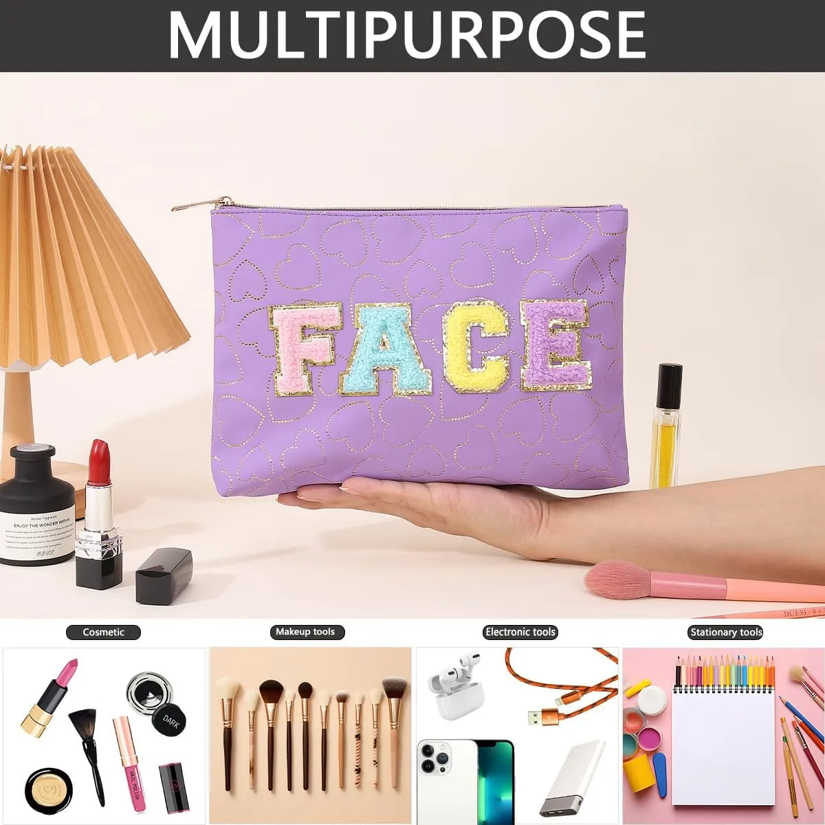 Preppy Patch SKIN STUFF FACE Letter Cosmetic Toiletry Bag PU Leather Portable Makeup Bag Zipper Pouch Storage Purse Waterproof Organizer Gift for Women Teen Girls Daily Travel Essentials (Purple)