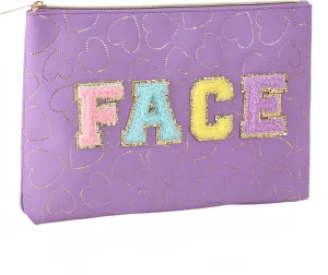 Preppy Patch SKIN STUFF FACE Letter Cosmetic Toiletry Bag PU Leather Portable Makeup Bag Zipper Pouch Storage Purse Waterproof Organizer Gift for Women Teen Girls Daily Travel Essentials (Purple)