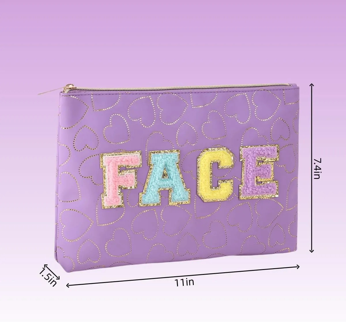 Preppy Patch SKIN STUFF FACE Letter Cosmetic Toiletry Bag PU Leather Portable Makeup Bag Zipper Pouch Storage Purse Waterproof Organizer Gift for Women Teen Girls Daily Travel Essentials (Purple)
