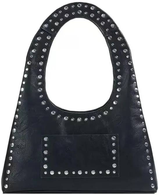 PU Leather Hobo Bag for Women Trendy Vegan Handbag Vintage Studded Tote Bag Y2k Purses Punk Streetwear Handbag