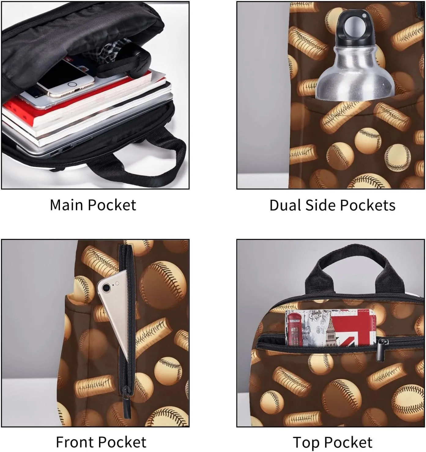 Retro Baseball Brown Print Lightweight Backpack, Travel Bookbag College Bag,Laptop Backpack For Men Women
