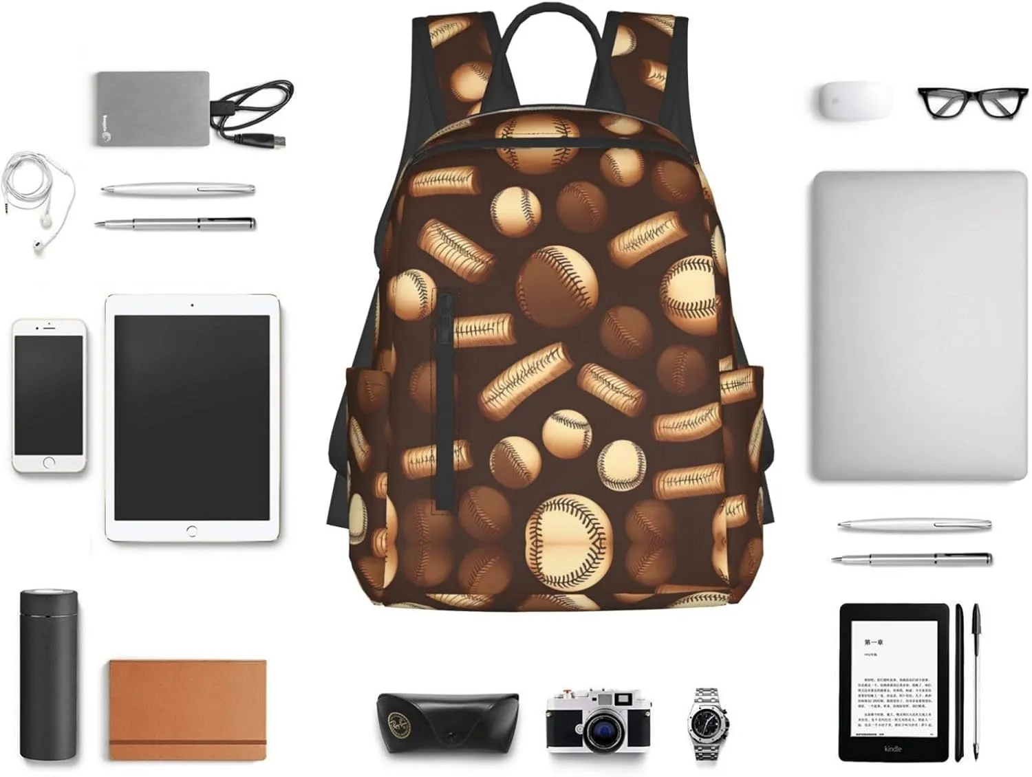 Retro Baseball Brown Print Lightweight Backpack, Travel Bookbag College Bag,Laptop Backpack For Men Women