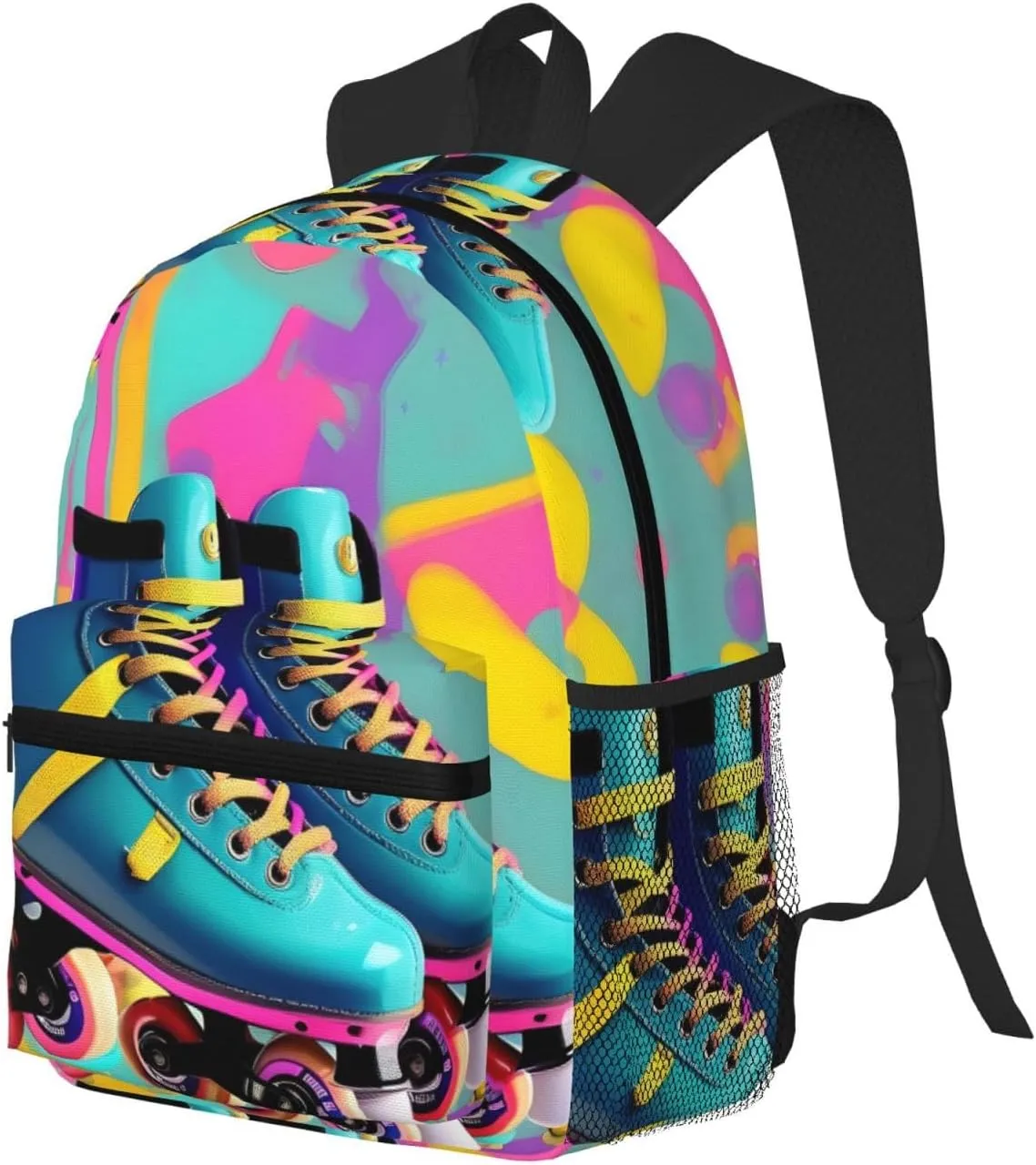Retro Colorful Roller Skates Print Backpack For Women Men, Laptop Bookbag,Lightweight Casual Travel Daypack