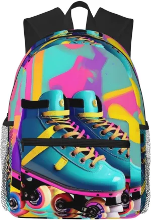 Retro Colorful Roller Skates Print Backpack For Women Men, Laptop Bookbag,Lightweight Casual Travel Daypack