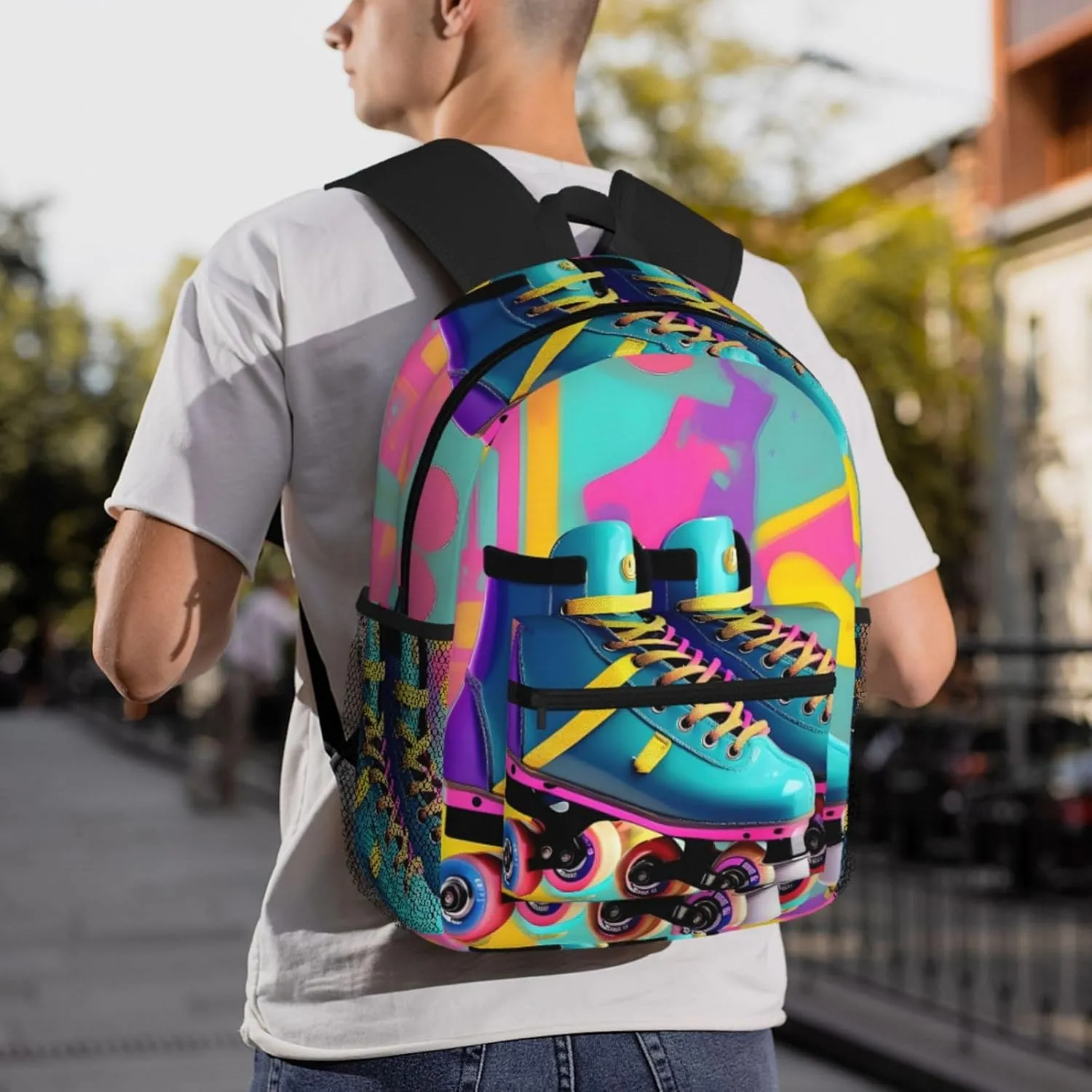 Retro Colorful Roller Skates Print Backpack For Women Men, Laptop Bookbag,Lightweight Casual Travel Daypack