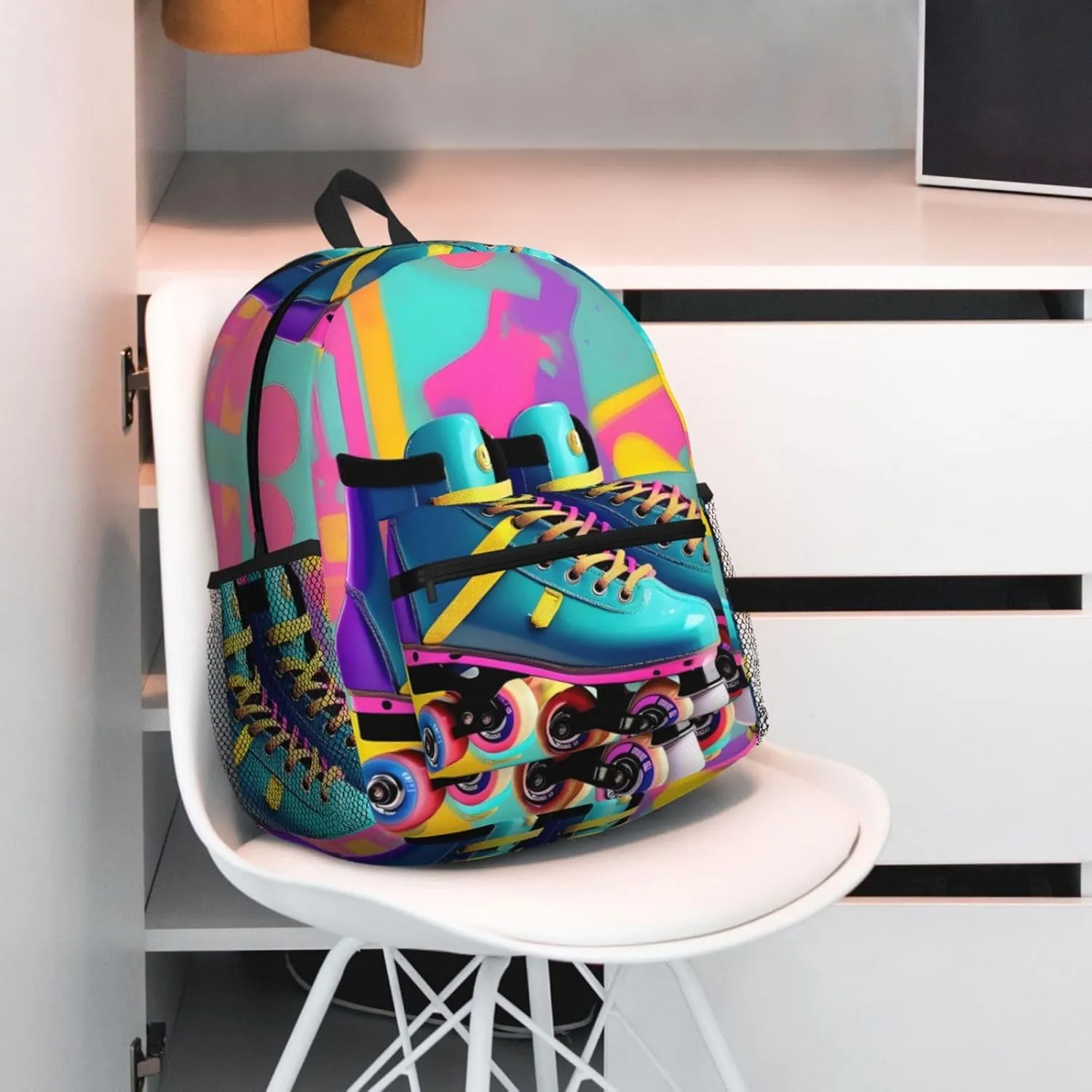 Retro Colorful Roller Skates Print Backpack For Women Men, Laptop Bookbag,Lightweight Casual Travel Daypack