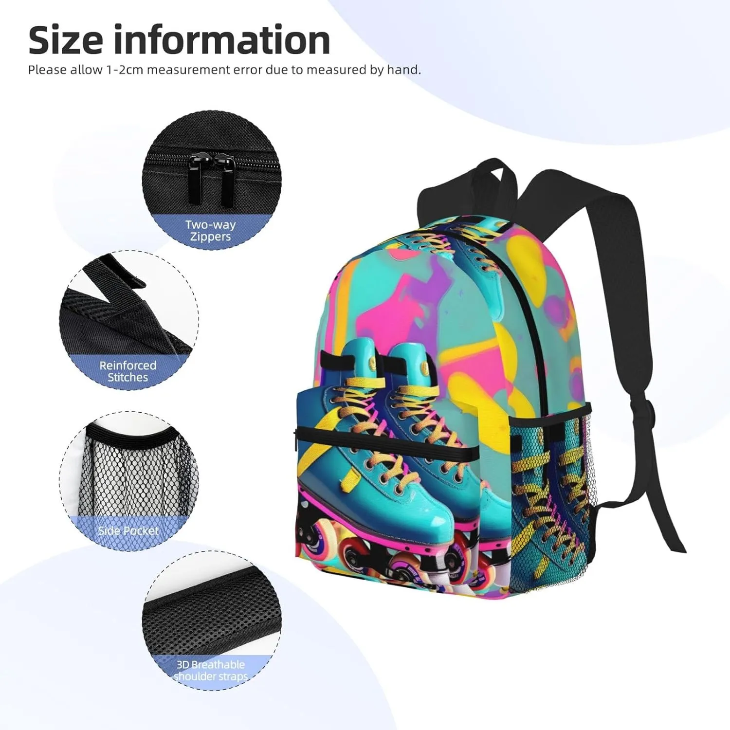 Retro Colorful Roller Skates Print Backpack For Women Men, Laptop Bookbag,Lightweight Casual Travel Daypack