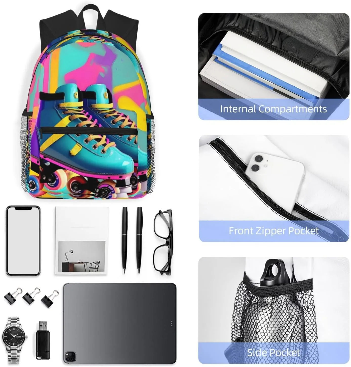 Retro Colorful Roller Skates Print Backpack For Women Men, Laptop Bookbag,Lightweight Casual Travel Daypack