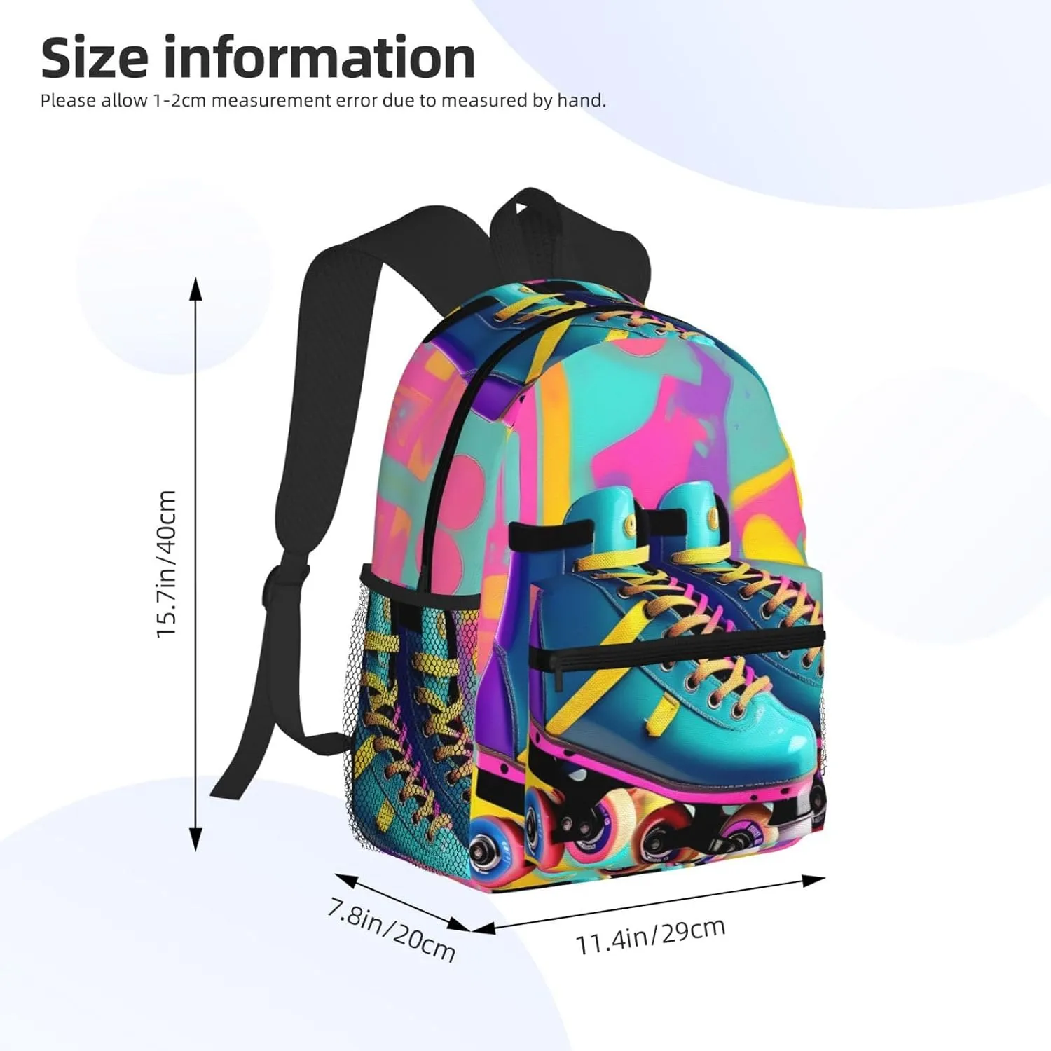 Retro Colorful Roller Skates Print Backpack For Women Men, Laptop Bookbag,Lightweight Casual Travel Daypack