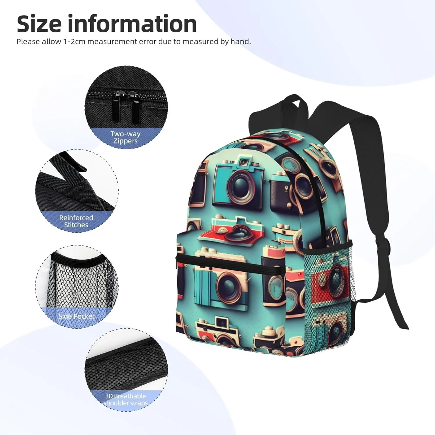 Retro Cool Camera Collection Print Backpack For Women Men, Laptop Bookbag,Lightweight Casual Travel Daypack