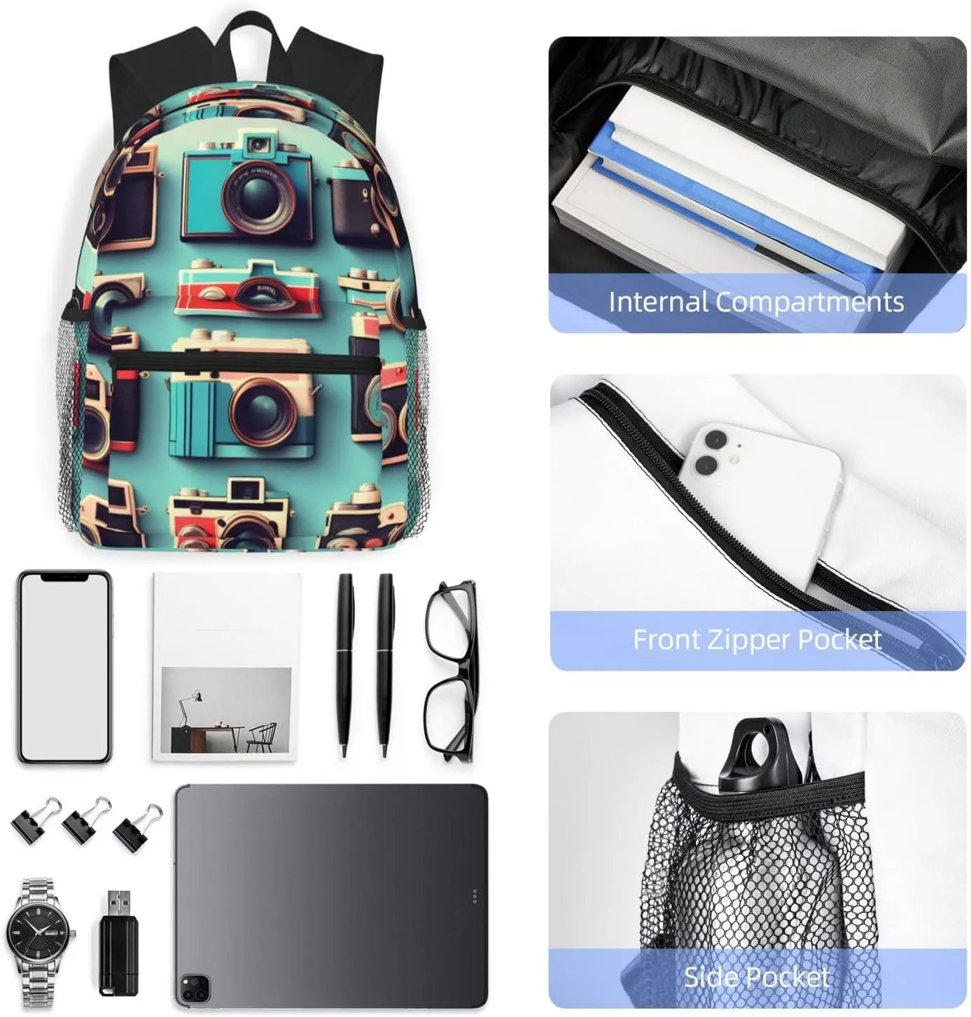 Retro Cool Camera Collection Print Backpack For Women Men, Laptop Bookbag,Lightweight Casual Travel Daypack