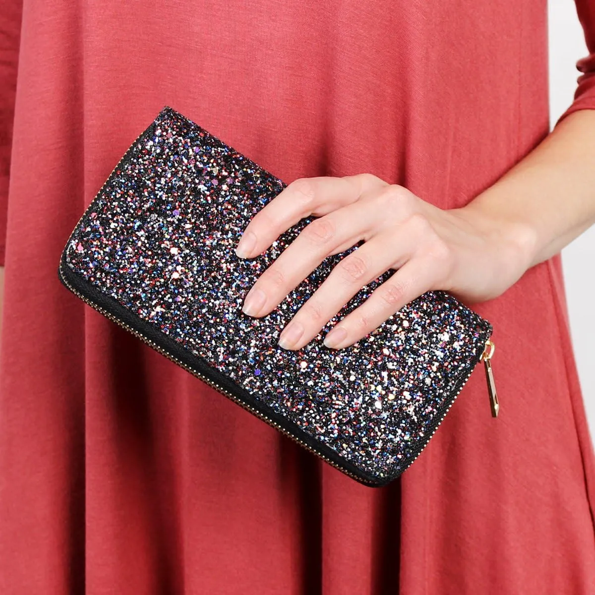 RIAH FASHION Rainbow Glitter Zip Around Wallet - Sparkly Confetti Single Zipper Clutch Purse with Card Slots (Rainbow - Black)