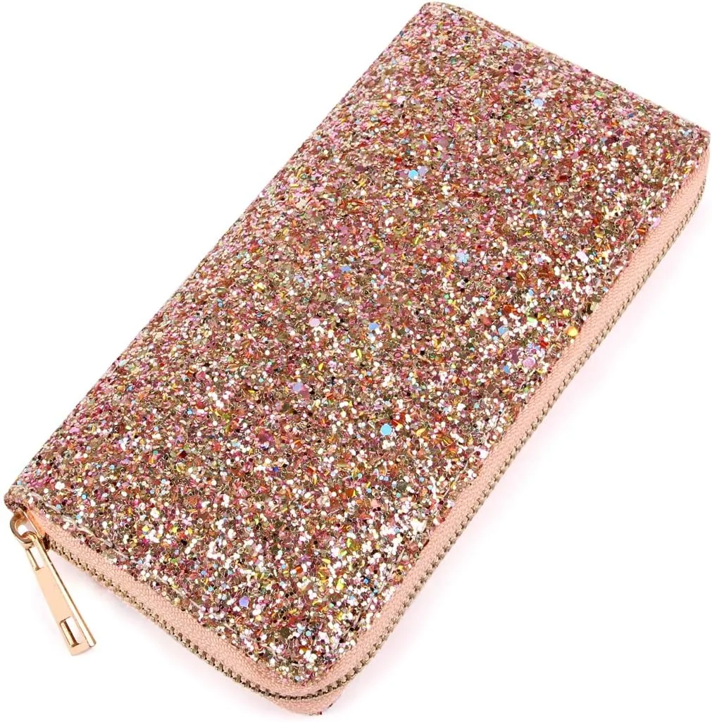 RIAH FASHION Rainbow Glitter Zip Around Wallet - Sparkly Confetti Single Zipper Clutch Purse with Card Slots (Rainbow - Peach)