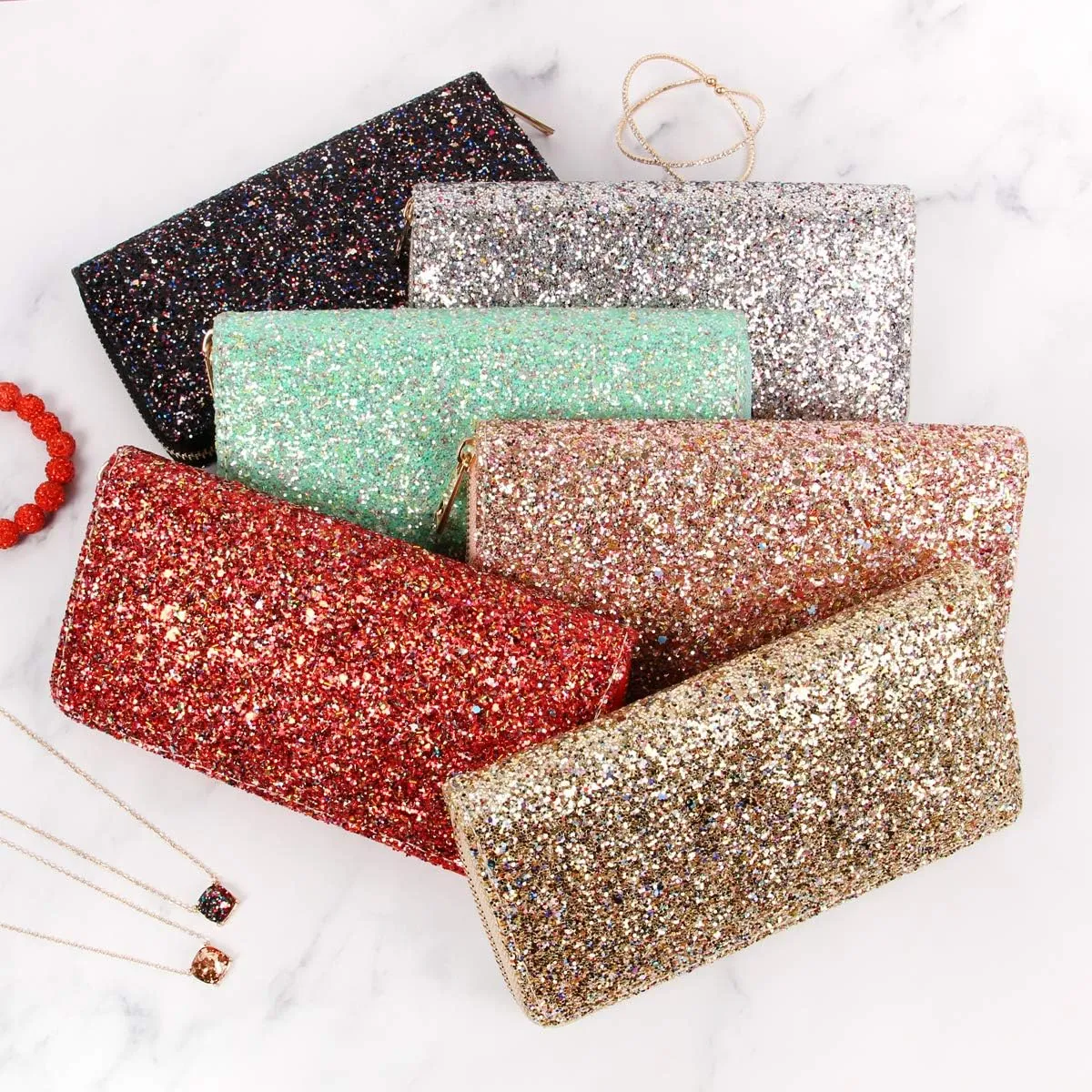 RIAH FASHION Rainbow Glitter Zip Around Wallet - Sparkly Confetti Single Zipper Clutch Purse with Card Slots (Rainbow - Peach)