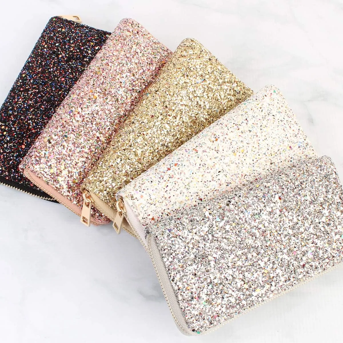 RIAH FASHION Rainbow Glitter Zip Around Wallet - Sparkly Confetti Single Zipper Clutch Purse with Card Slots (Rainbow - Peach)