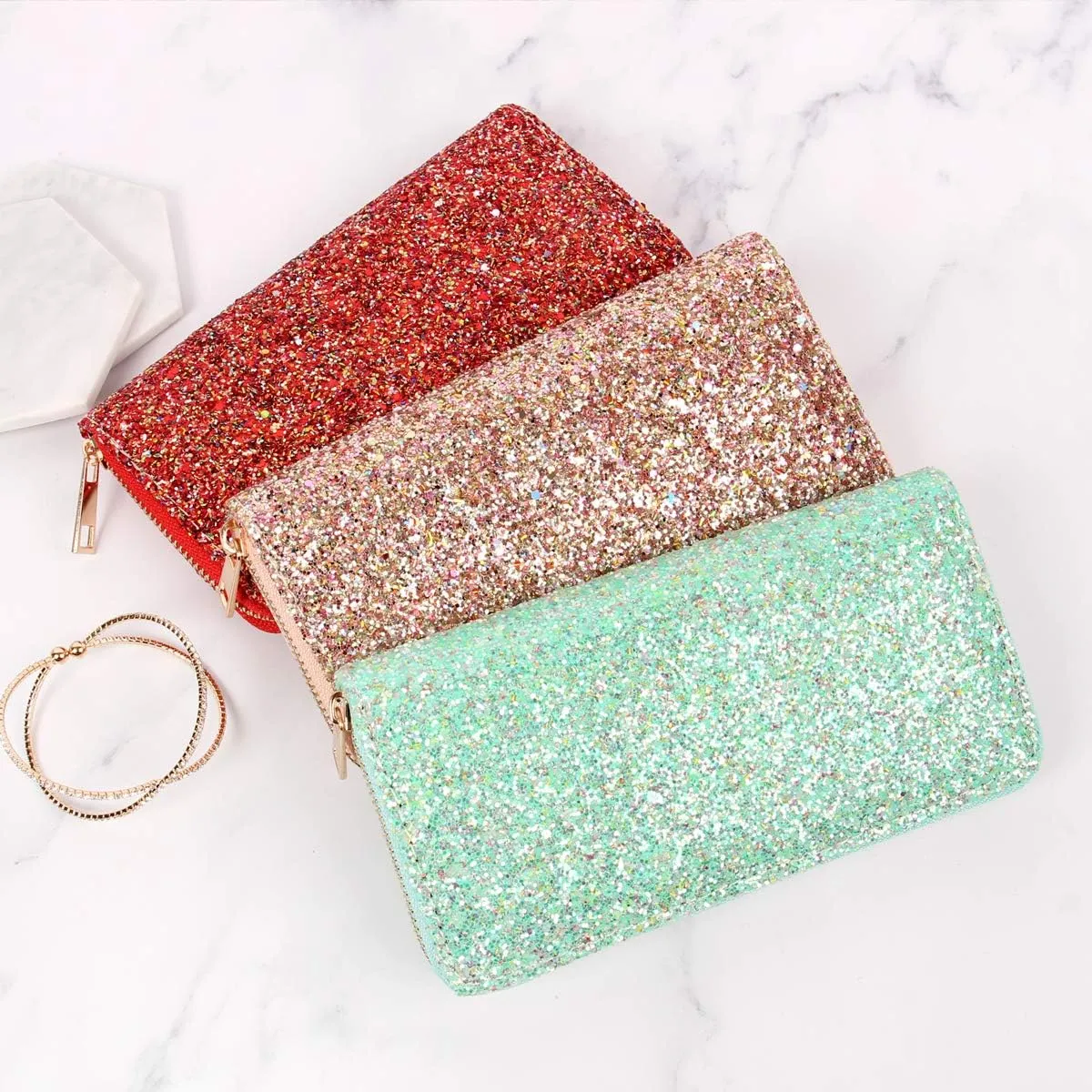 RIAH FASHION Rainbow Glitter Zip Around Wallet - Sparkly Confetti Single Zipper Clutch Purse with Card Slots (Rainbow - Peach)
