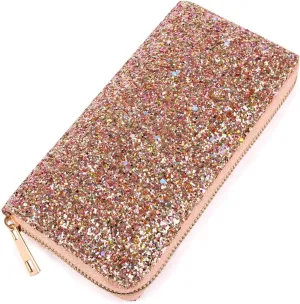 RIAH FASHION Rainbow Glitter Zip Around Wallet - Sparkly Confetti Single Zipper Clutch Purse with Card Slots (Rainbow - Peach)