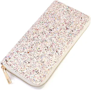 RIAH FASHION Rainbow Glitter Zip Around Wallet - Sparkly Confetti Single Zipper Clutch Purse with Card Slots (Rainbow - White)