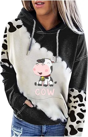 RMXEi Sweatshirts For Women Plus Size,Women's Cute Cow Print Sweatshirt Long Sleeve Hooded Casual Tops Shirts