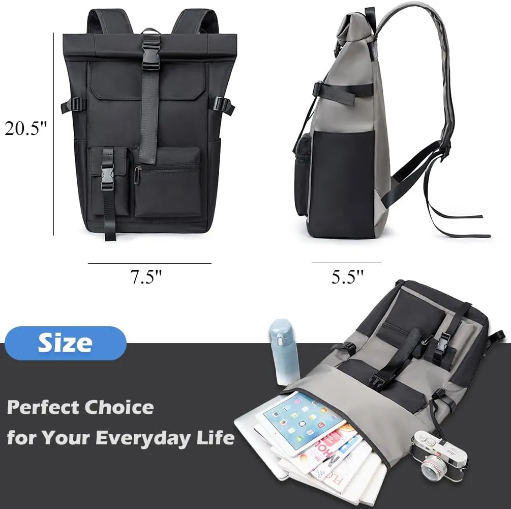 Roll Top Travel Backpack, Lightweight Daily Work Backpack, Carry on Backpack with Multiple Pockets (Black)