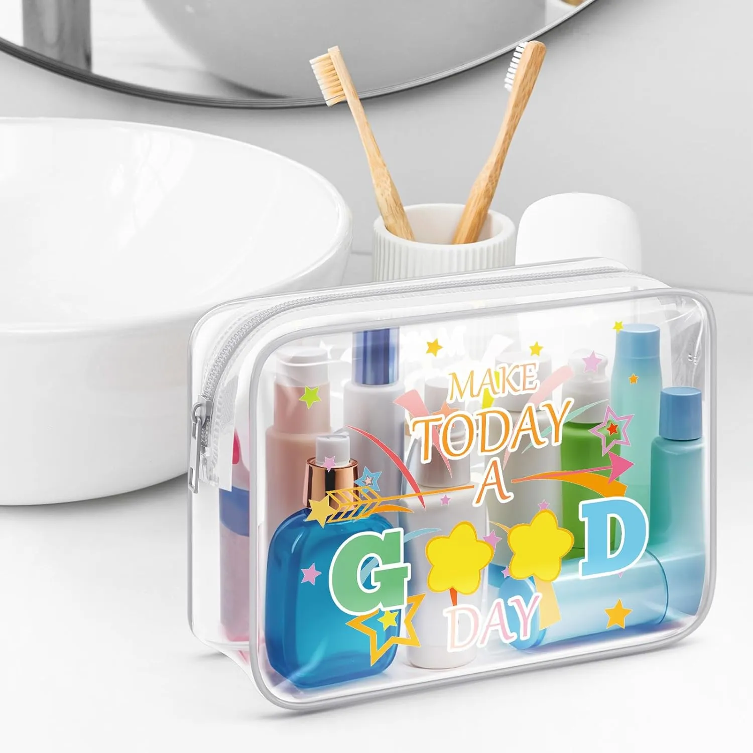 Sazuwu Positive Vibes Gifts for Women Clear Makeup Bags with Zipper Inspirational Friendship Gifts for Women Cosmetic Travel Bag Organizer Motivational Gifts for Coworkers Cheer up Gifts for Friends