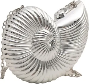 Shell Purse for Women Evening Bag with Earphone Hole Mini Seashell Crossbody Bag Chain Clutch Anti Theft Purse Small Metallic Shoulder Handbag for Party Wedding Banquet