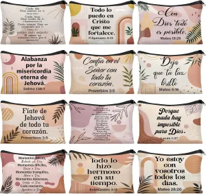 Silkfly 24 Pcs Christian Gift for Women Religious Makeup Bag Inspirational Spanish Gift Motivational Bible Verse Scripture Toiletry Cosmetic Bag Canvas Scripture Pencil Pouch(Pastel,Boho)