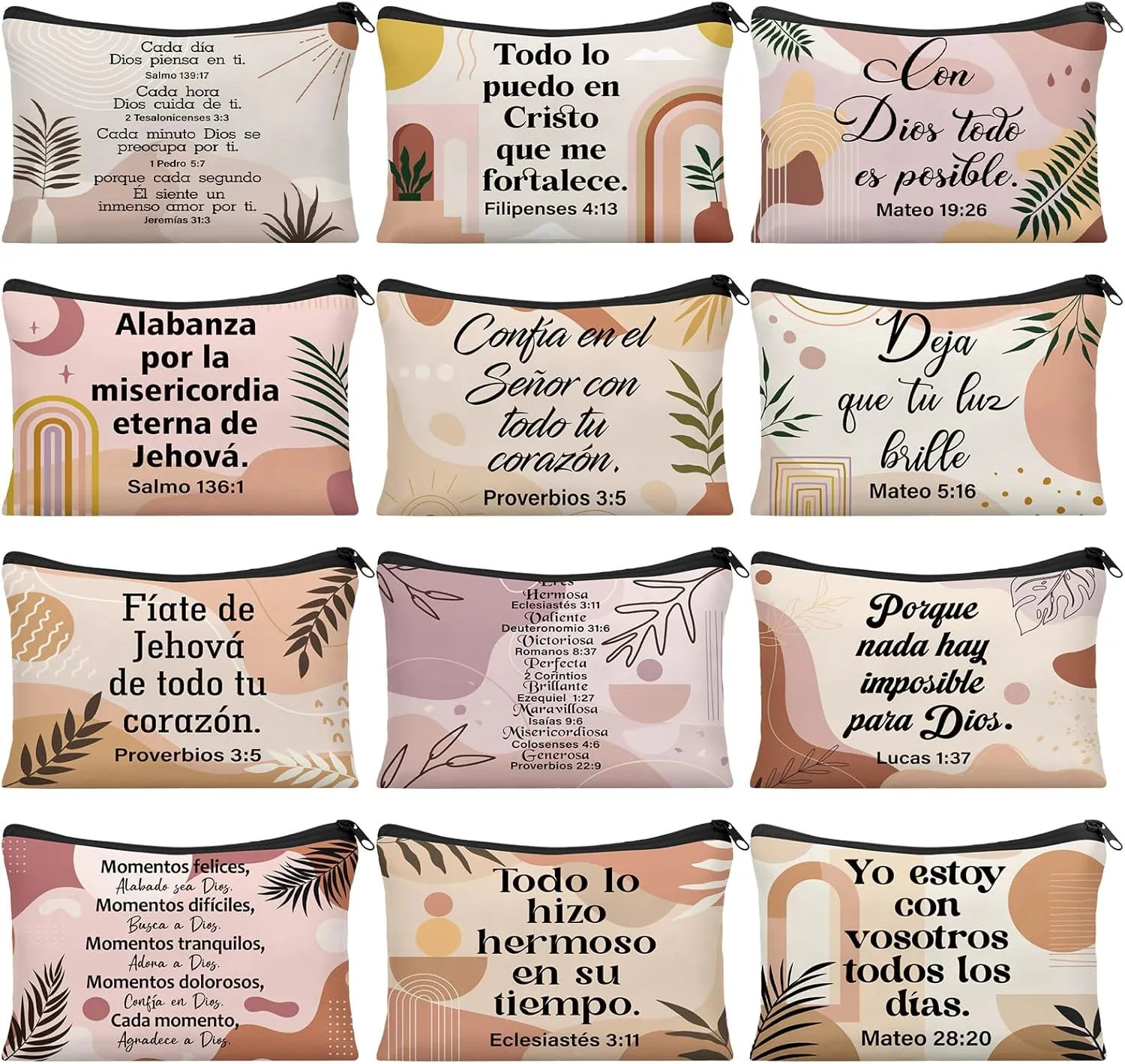 Silkfly 24 Pcs Christian Gift for Women Religious Makeup Bag Inspirational Spanish Gift Motivational Bible Verse Scripture Toiletry Cosmetic Bag Canvas Scripture Pencil Pouch(Pastel,Boho)