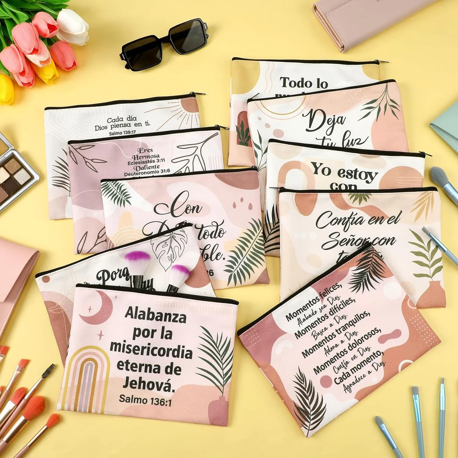 Silkfly 24 Pcs Christian Gift for Women Religious Makeup Bag Inspirational Spanish Gift Motivational Bible Verse Scripture Toiletry Cosmetic Bag Canvas Scripture Pencil Pouch(Pastel,Boho)