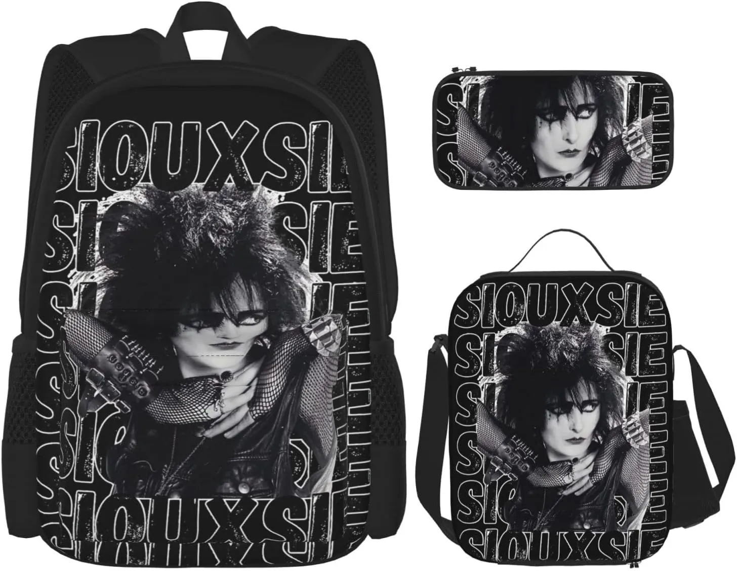 Siouxsie Music And The Band Banshees Backpack 3 Pieces Set With Lunch Box And Pencil Case Combination Simple Laptop Backpacks Lunch Tote Bags Convenient Travel Daypack Outdoor Backpack for Shopping