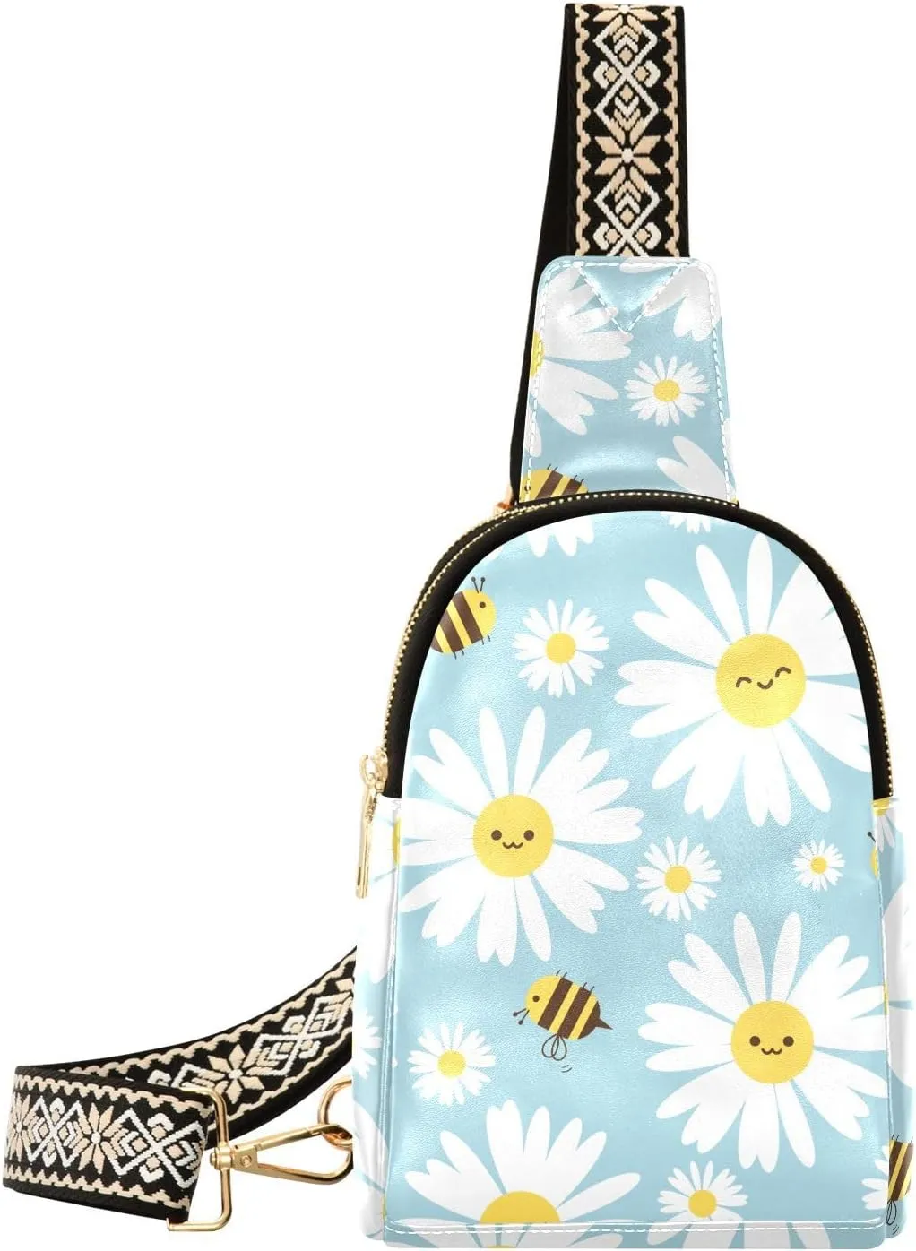 Small Sling Bag for Women Daisy Flower Bees PC Leather Fanny Pack Crossbody Blue Fresh Fashion Waist Packs Chest Bag for Travel Sports Running Hiking