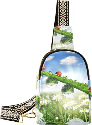 Small Sling Bag for Women Fresh Morning Dew PC Leather Fanny Pack Crossbody Ladybug Daisy Fashion Waist Packs Chest Bag for Travel Sports Running Hiking