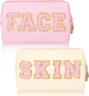 Sotiff 2 Pcs Preppy Patch Makeup Bag Waterproof Chenille Letter Cosmetic Bag Portable Toiletry Bag Zipper Pouch Travel Organizer for Women(White, Pink,Fresh Style)