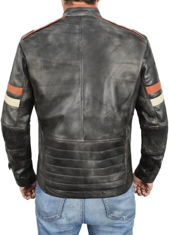 SpazeUp Harley Black Distressed Leather Biker Jacket Men - Vintage Cafe Racer Motorcycle Leather Jackets for Men