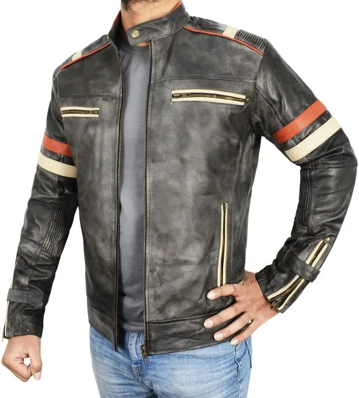 SpazeUp Harley Black Distressed Leather Biker Jacket Men - Vintage Cafe Racer Motorcycle Leather Jackets for Men