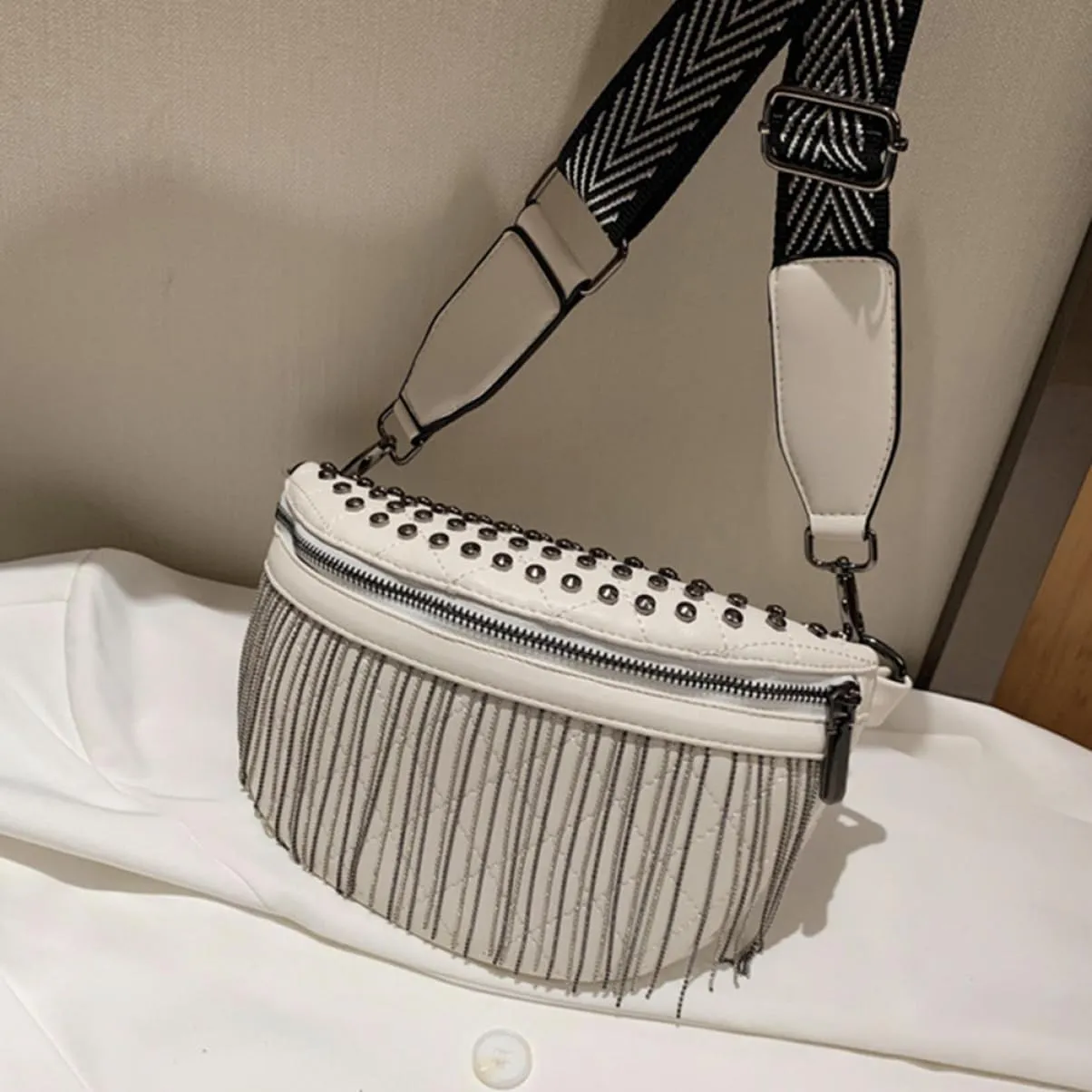 Stylish Rivet Studded Tassel Shoulder Bag for Women Versatile Fanny Pack with Capacity for Travel Shopping and Parties Chic Crossbody Purse