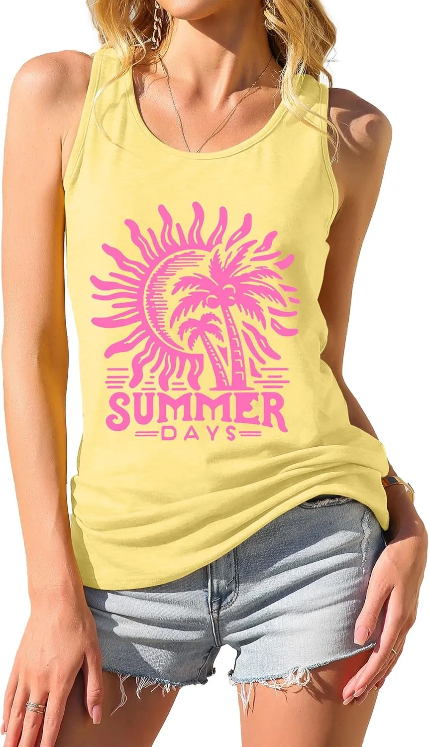 Summer Beach Tank Tops for Women Retro Sunshine Coconut Tree Graphic Sleeveless Tee Hawaiian Family Vacation Tops