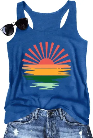 Summer Beach Tank Tops for Women Retro Sunshine Coconut Tree Graphic Sleeveless Tee Hawaiian Family Vacation Tops