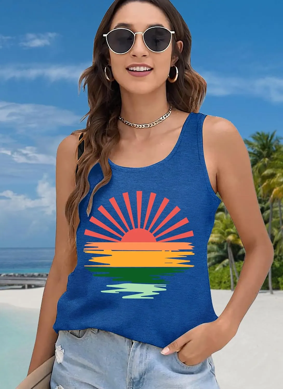 Summer Beach Tank Tops for Women Retro Sunshine Coconut Tree Graphic Sleeveless Tee Hawaiian Family Vacation Tops