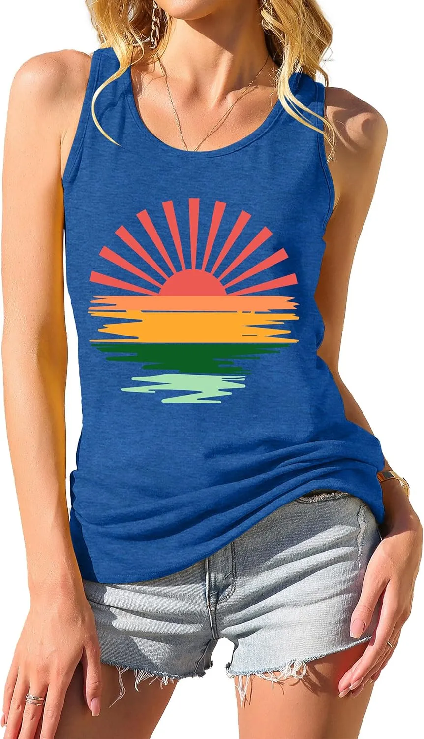 Summer Beach Tank Tops for Women Retro Sunshine Coconut Tree Graphic Sleeveless Tee Hawaiian Family Vacation Tops