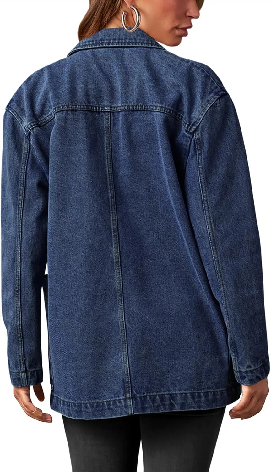 Tankaneo Womens Oversized Denim Jacket Casual Button Up Blazer Notched Lapel Jean Shacket Coat