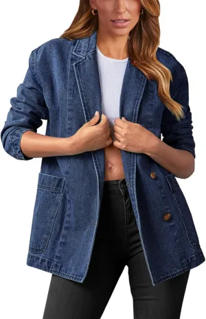 Tankaneo Womens Oversized Denim Jacket Casual Button Up Blazer Notched Lapel Jean Shacket Coat