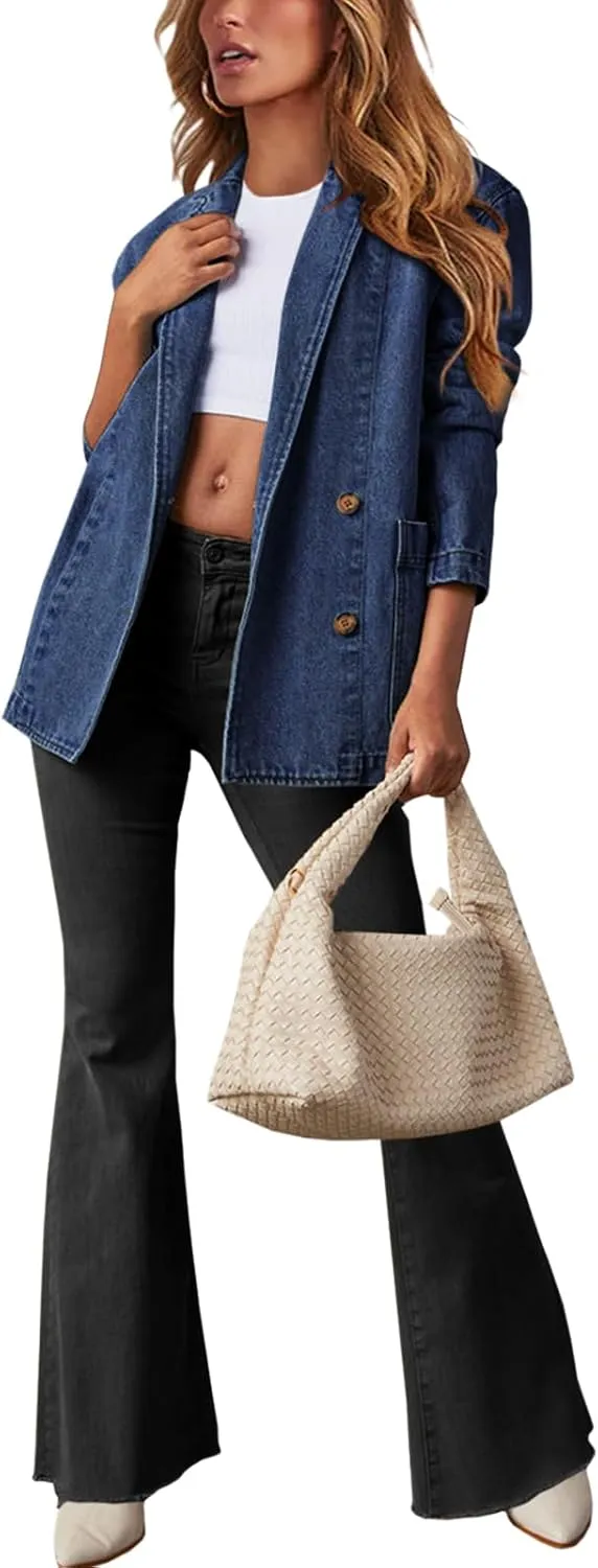 Tankaneo Womens Oversized Denim Jacket Casual Button Up Blazer Notched Lapel Jean Shacket Coat