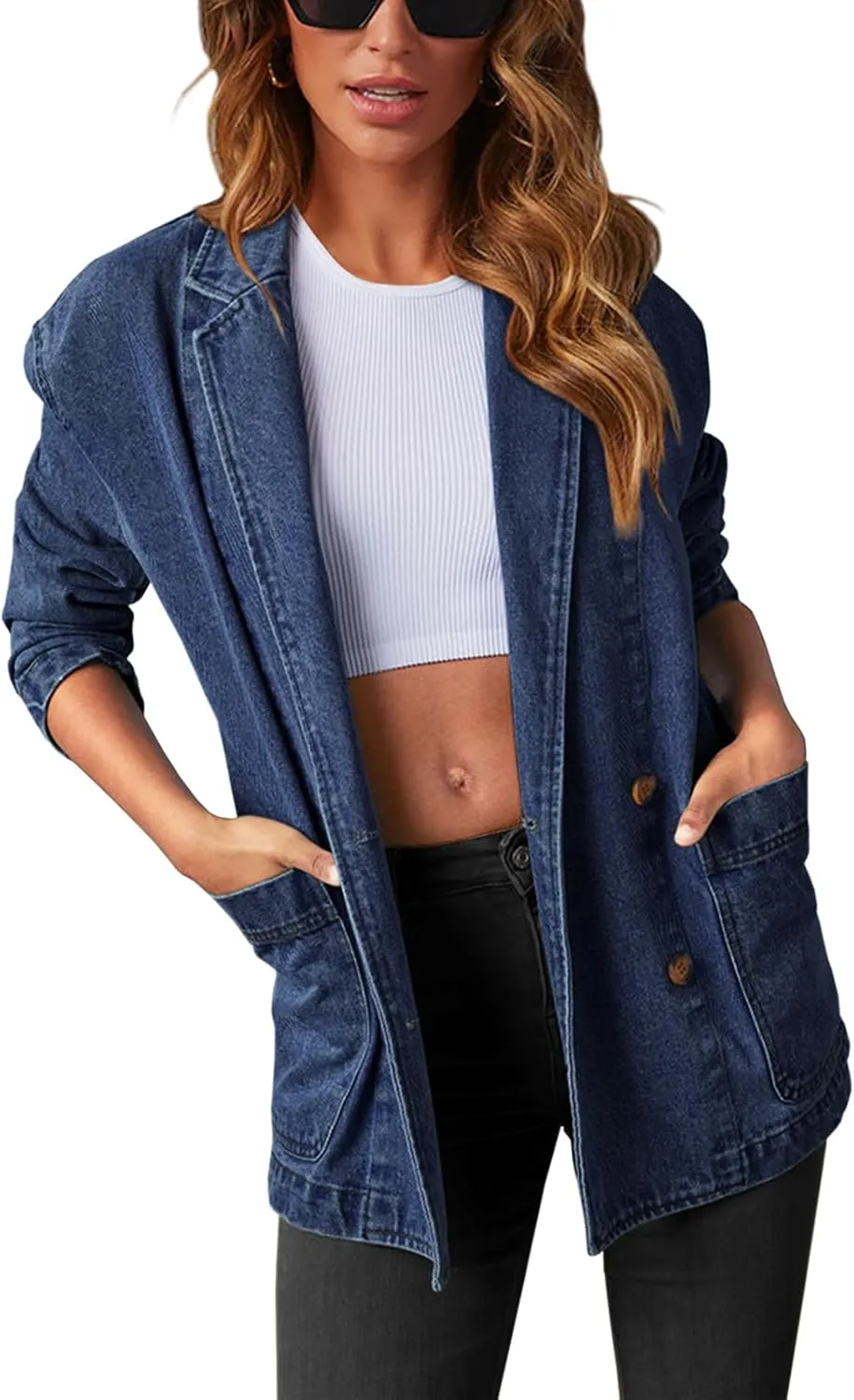Tankaneo Womens Oversized Denim Jacket Casual Button Up Blazer Notched Lapel Jean Shacket Coat
