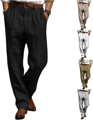 Thatrich Casual Linen Pants Men Retro Business Formal Work Pants Lightweight Regular Fit Straight Leg Beach Vacation Slacks