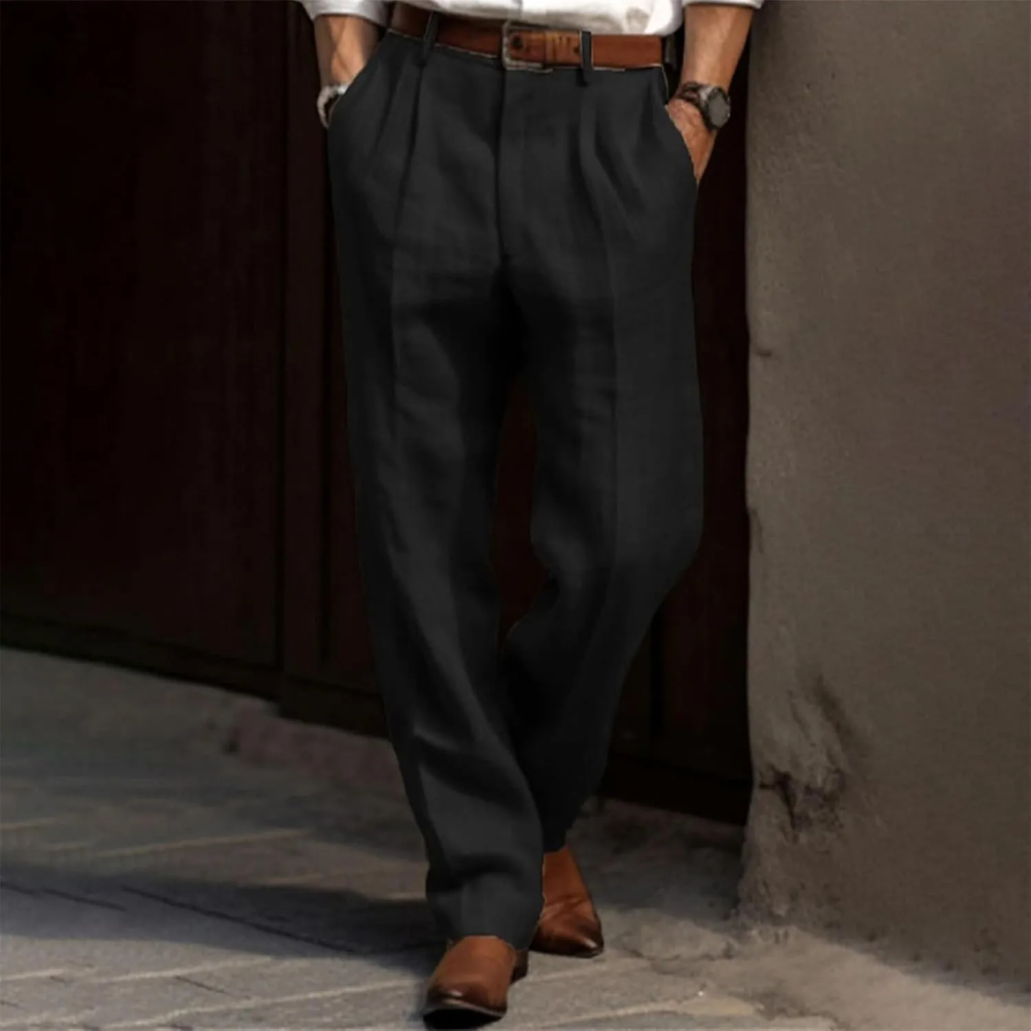 Thatrich Casual Linen Pants Men Retro Business Formal Work Pants Lightweight Regular Fit Straight Leg Beach Vacation Slacks