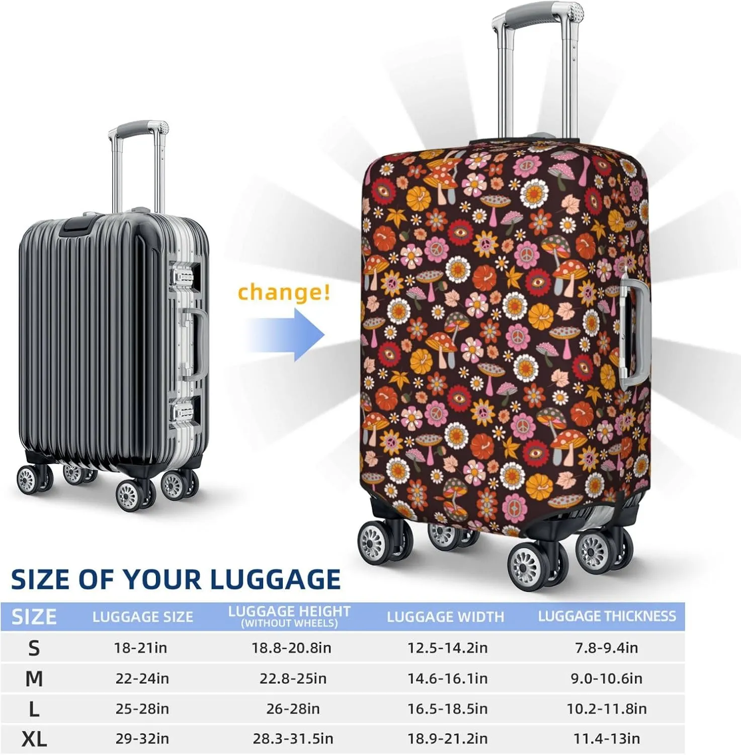 Travel Luggage Cover Protector - 70s Groovy Hippie Retro Anti-Scratch Suitcase Covers Fits 18-32 Inch Luggage